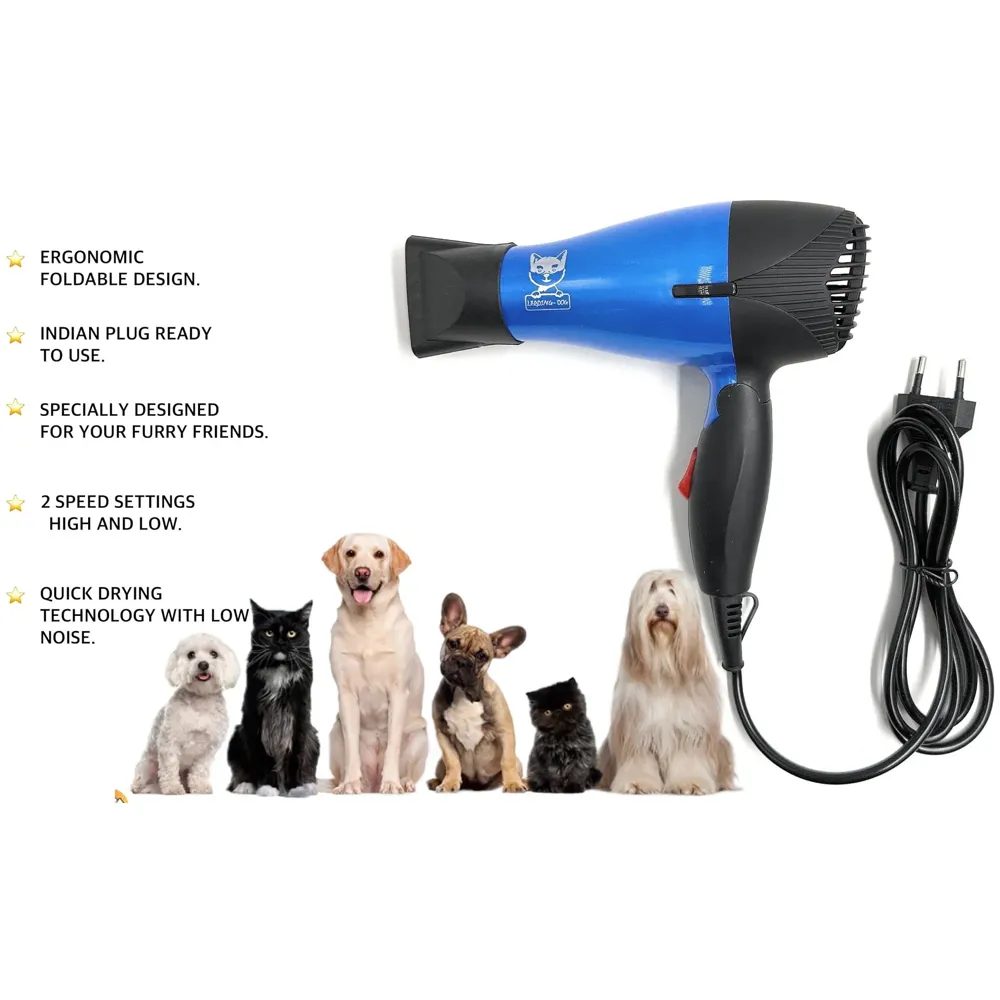 Pet 1500 Watts Hair Dryer Dog Cat Bath Wet Water Fast Drying Grooming Blower Made Specially For Pets Fur 2 Settings With Attachment And Plug Foldable Design-Blue