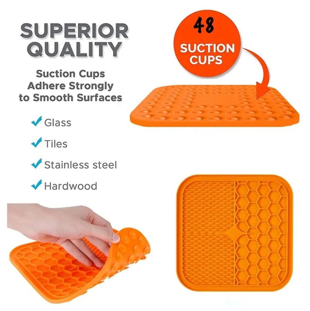 Pet Lick Mat Licking Pad Mats for Dog Cat, Food-Grade Silicone, Dog Food Mat with Suction Cup, Slow Feeding Mat Orange - 2