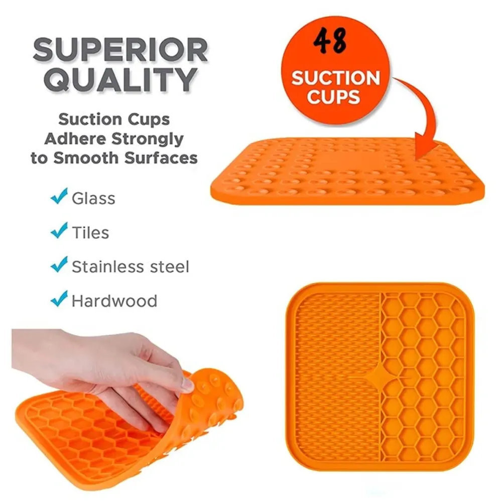 Pet Lick Mat Licking Pad Mats for Dog Cat, Food-Grade Silicone, Dog Food Mat with Suction Cup, Slow Feeding Mat Orange - (Lick mat pet Orange)