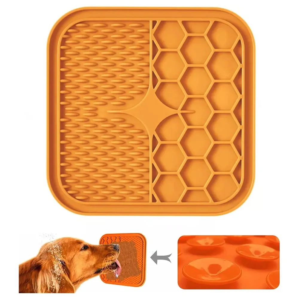Pet Lick Mat Licking Pad Mats for Dog Cat, Food-Grade Silicone, Dog Food Mat with Suction Cup, Slow Feeding Mat Orange