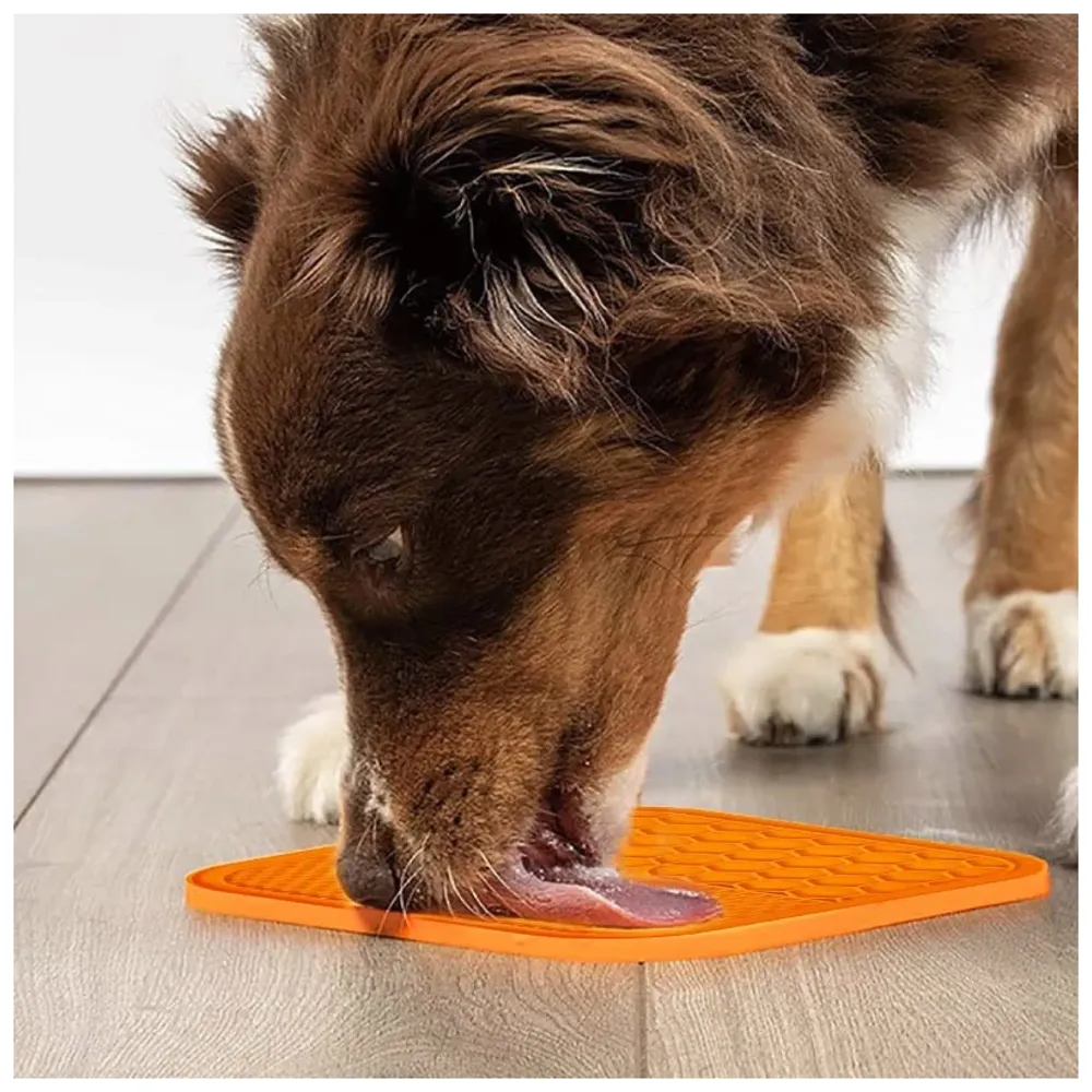 Pet Lick Mat Licking Pad Mats for Dog Cat, Food-Grade Silicone, Dog Food Mat with Suction Cup, Slow Feeding Mat Orange