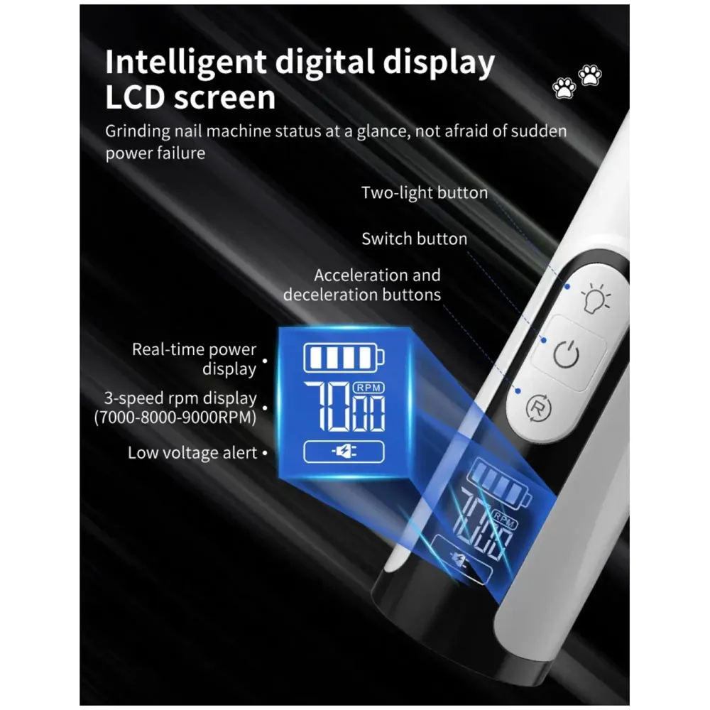 Pet Nail Grinder for Small and Large Dogs and Cats, The Dog Nail Grinder Upgraded Version LCD Display - 2 LED Lights - 3 Speed Modes Electric Pet Nail Trimmer Offers Low Noise and Vibration. - 6