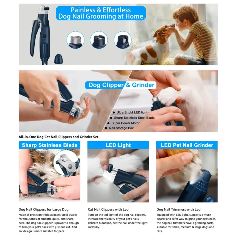 Pet Nail Grinder Automatic Pet Grooming Kit 2-in-1 and LED-Illuminated Dog Nail Clippers Low Noise Rechargeable Trimmer for Small, Medium, and Big Dogs and Cats