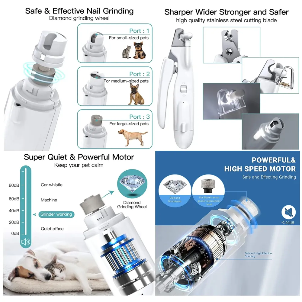 Pet Nail Grinder Automatic Pet Grooming Kit 2-in-1 and LED-Illuminated Dog Nail Clippers Low Noise Rechargeable Trimmer for Small, Medium, and Big Dogs and Cats