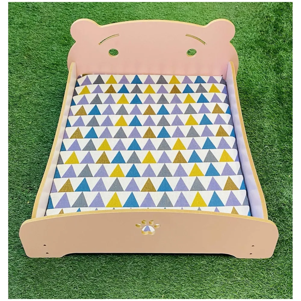 Pet Bed, Wooden Structure with Removable and Washable Mattress (Pink)