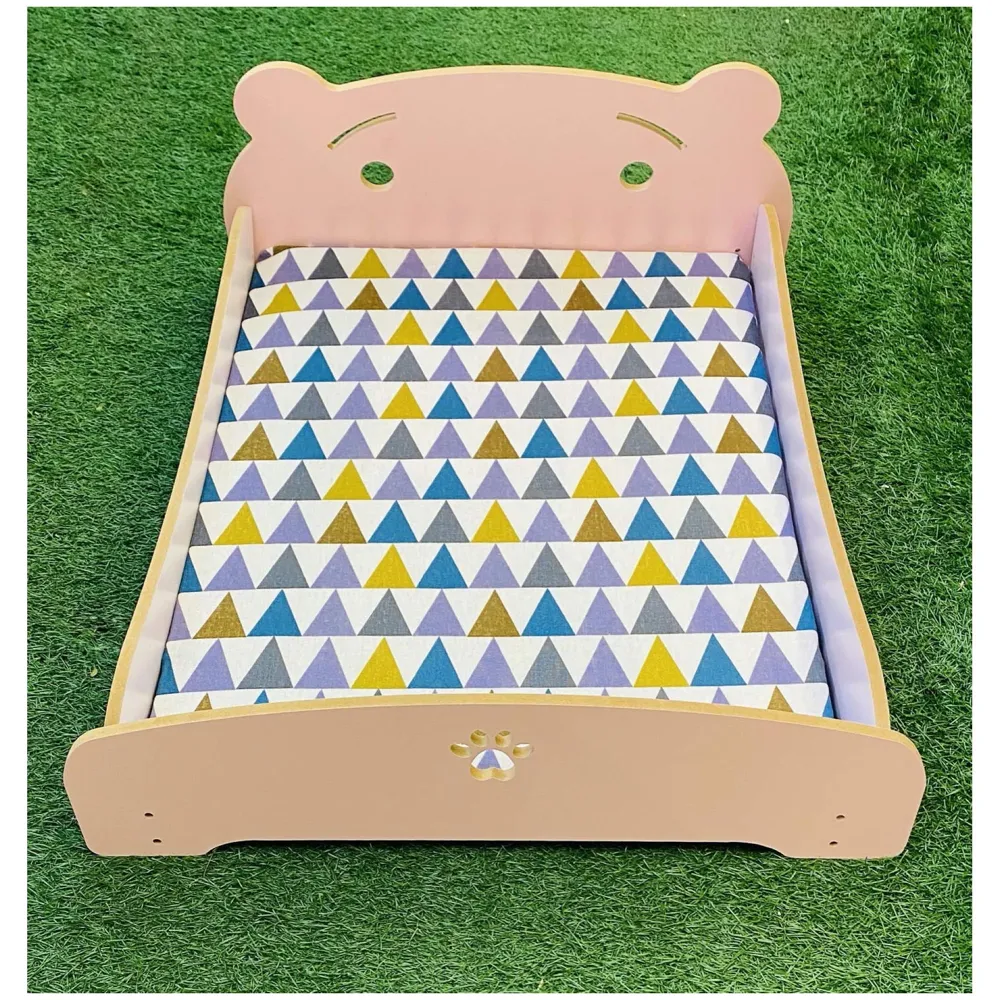 Pet Bed, Wooden Structure with Removable and Washable Mattress (Pink)