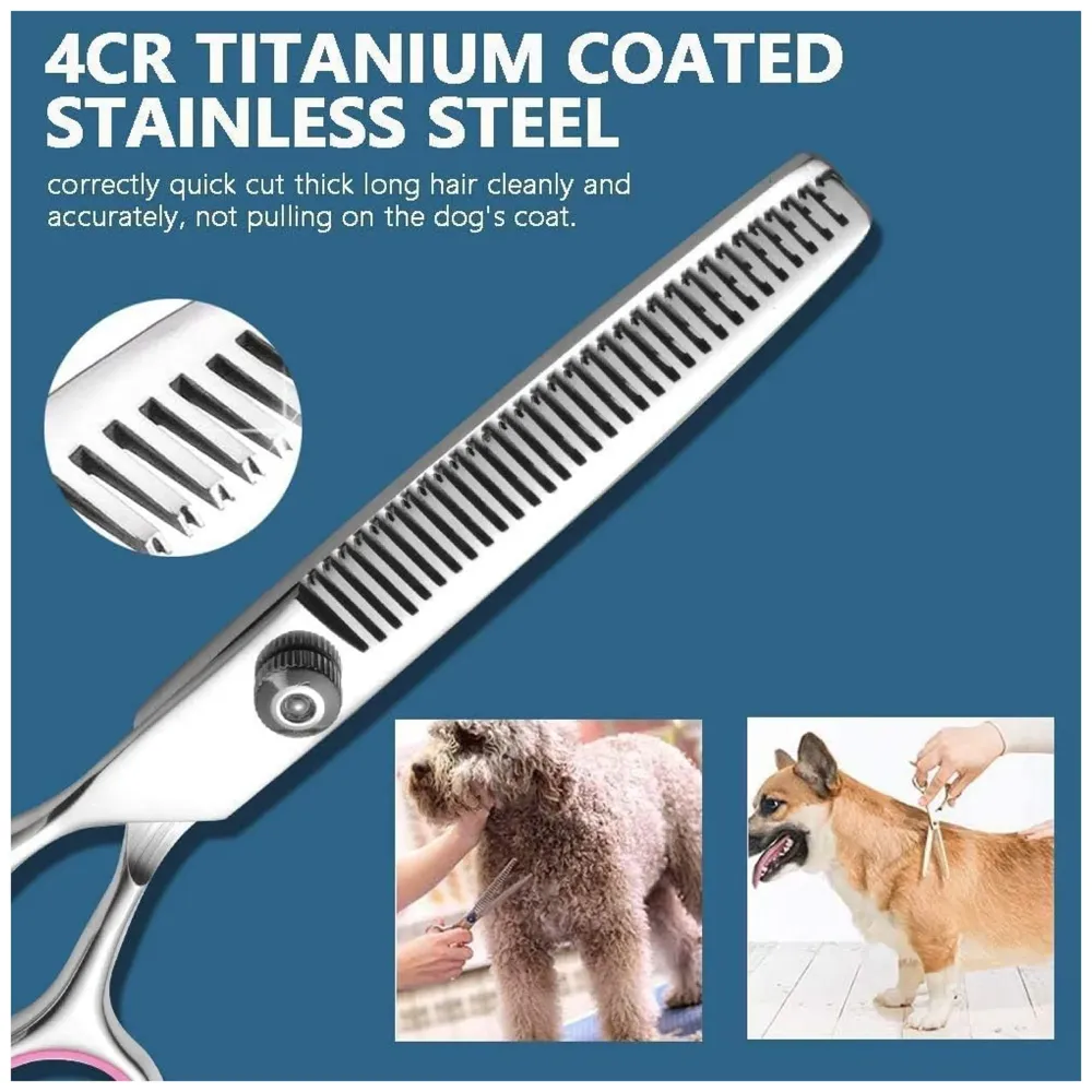 5 Scissors Pet Grooming Kit With Carry Case And Comb, 1 Straight Edge Hair Scissor, 1 Texturizing Thinning, 1 Upwards Curved, 1 Down Curved And 1 Comb All Stainless Steel, For Dogs And Cats - 6