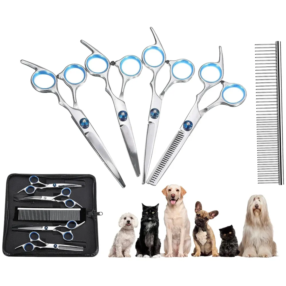 5 Scissors Pet Grooming Kit With Carry Case And Comb, 1 Straight Edge Hair Scissor, 1 Texturizing Thinning, 1 Upwards Curved, 1 Down Curved And 1 Comb All Stainless Steel, For Dogs And Cats