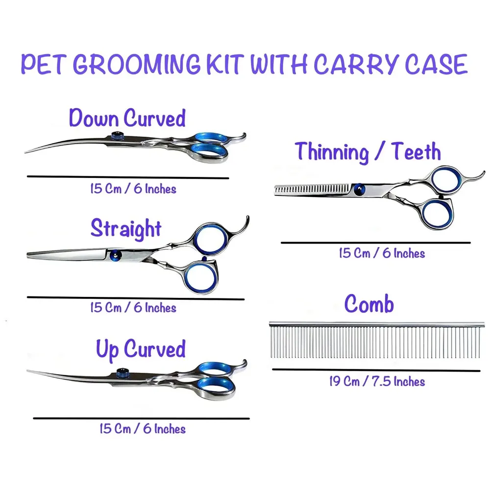 5 Scissors Pet Grooming Kit With Carry Case And Comb, 1 Straight Edge Hair Scissor, 1 Texturizing Thinning, 1 Upwards Curved, 1 Down Curved And 1 Comb All Stainless Steel, For Dogs And Cats