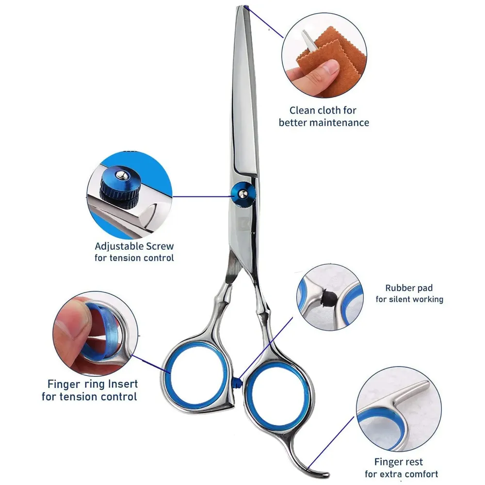 5 Scissors Pet Grooming Kit With Carry Case And Comb, 1 Straight Edge Hair Scissor, 1 Texturizing Thinning, 1 Upwards Curved, 1 Down Curved And 1 Comb All Stainless Steel, For Dogs And Cats