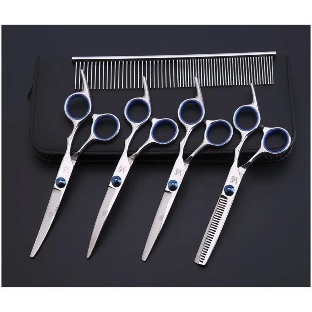 5 Scissors Pet Grooming Kit With Carry Case And Comb, 1 Straight Edge Hair Scissor, 1 Texturizing Thinning, 1 Upwards Curved, 1 Down Curved And 1 Comb All Stainless Steel, For Dogs And Cats