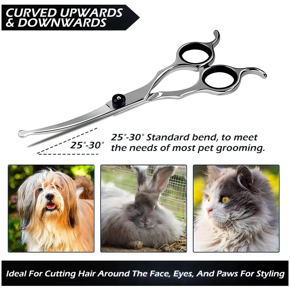 Upwards Curved Dog Grooming Scissors 6.69 inches Round Tips Pet Grooming Shears for Dog Cat on Face Paw Hair Trimming For Right And Left Handed Stainless Steel - 7