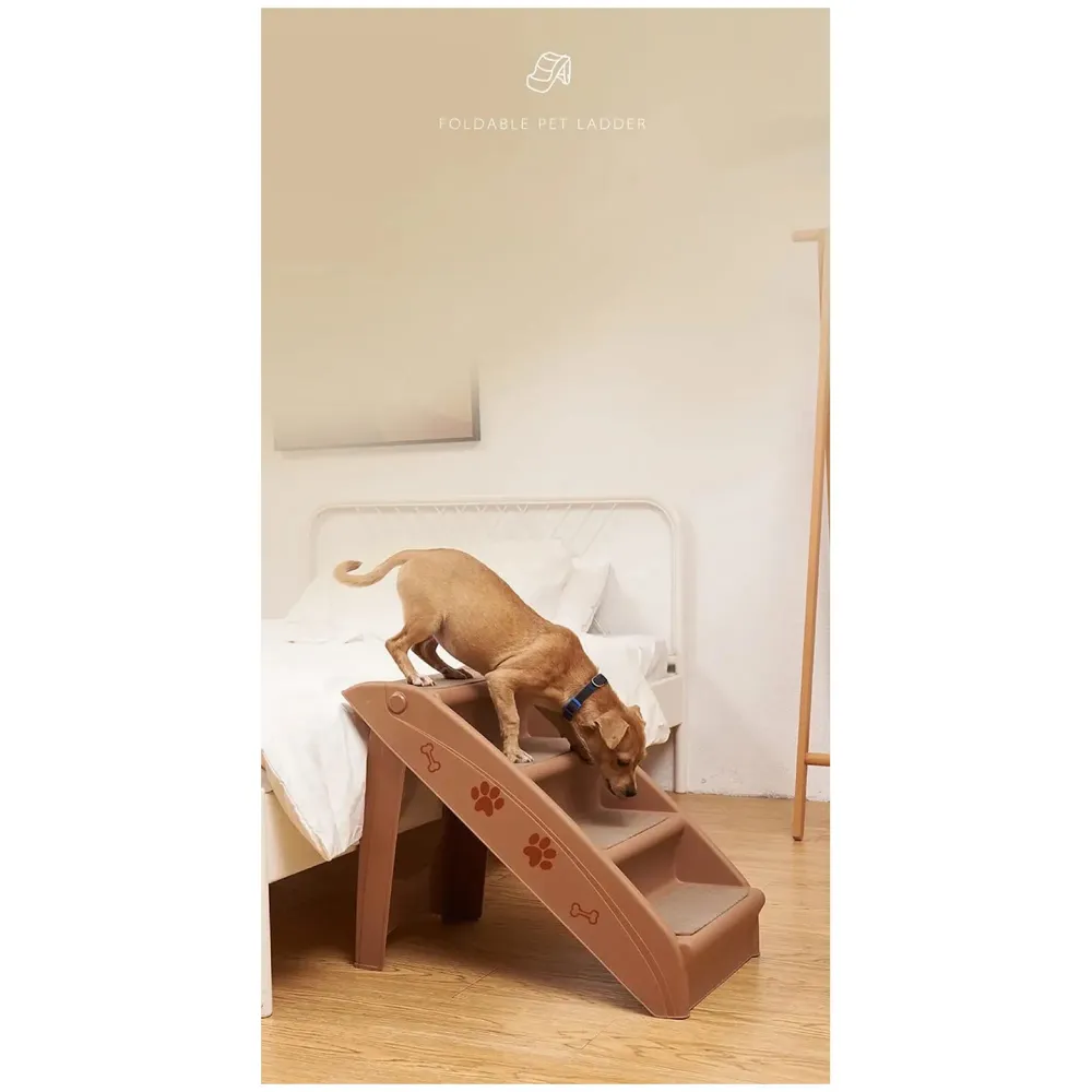 Pet Bed Stairs and Ramp, Vehicle Car Folding Dog Cat Pet Plastic 4 Step Stairs 76 x 38 x 12.5 cm, Brown