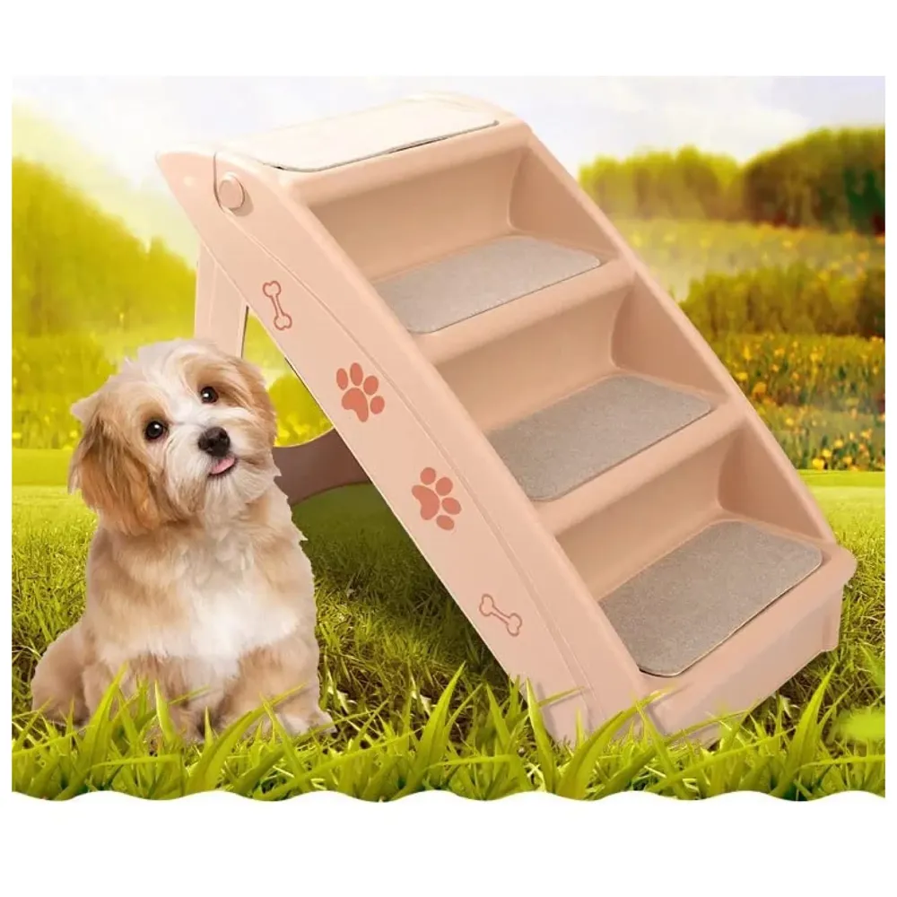 Pet Bed Stairs and Ramp, Vehicle Car Folding Dog Cat Pet Plastic 4 Step Stairs 76 x 38 x 12.5 cm, Brown
