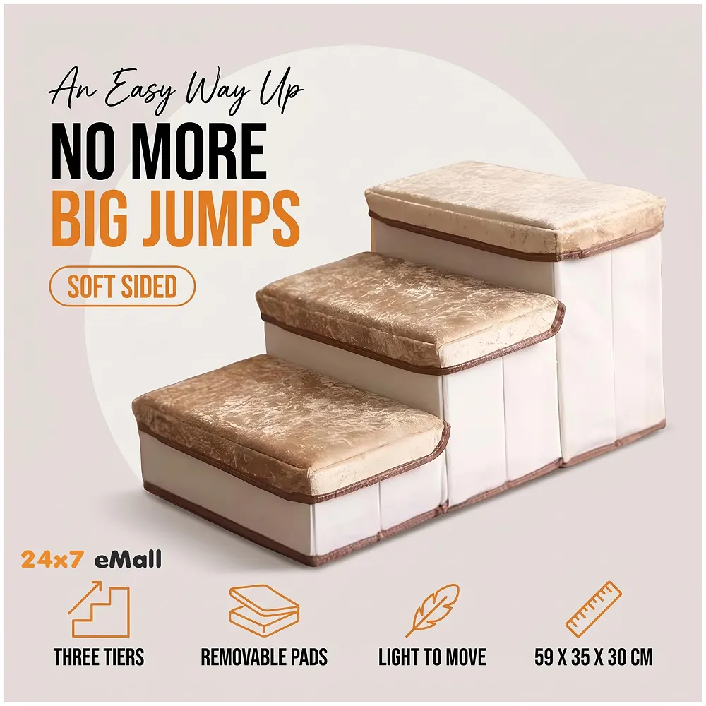 Pet Stairs and Ramp Soft Fabric 3 Step 59 x 30 x 35 cm Storage Premium