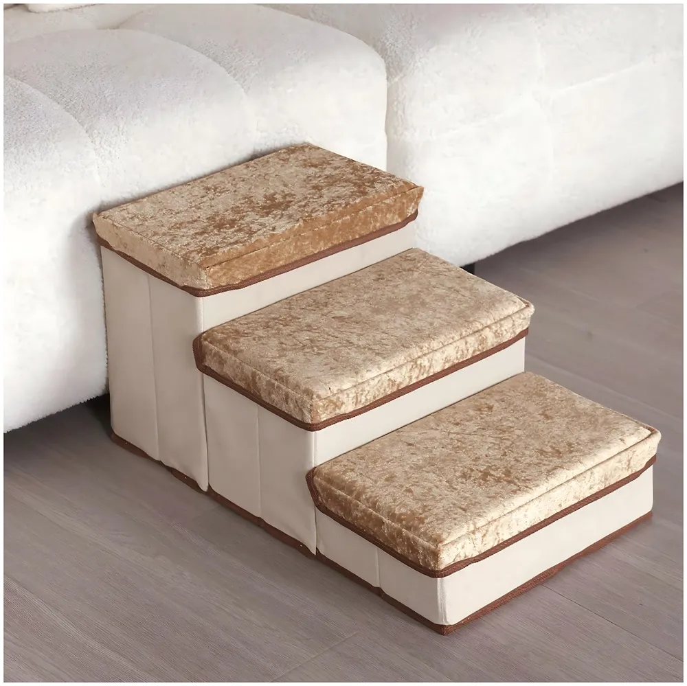 Pet Bed Stairs and Ramp, Sofa Bed Folding Dog Cat Pet Soft Fabric with Storage 3 Step Stairs for Small Dogs and Cats - 59 cm x 30 cm x 35 cm Premium