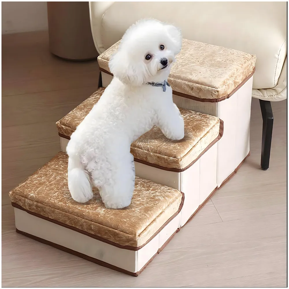 Pet Bed Stairs and Ramp, Sofa Bed Folding Dog Cat Pet Soft Fabric with Storage 3 Step Stairs for Small Dogs and Cats - 59 cm x 30 cm x 35 cm Premium