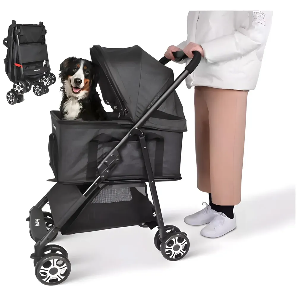 Pet Pram Stroller for Cats and Small Dogs Walks Folding Travel Carrier with Wheels, Black