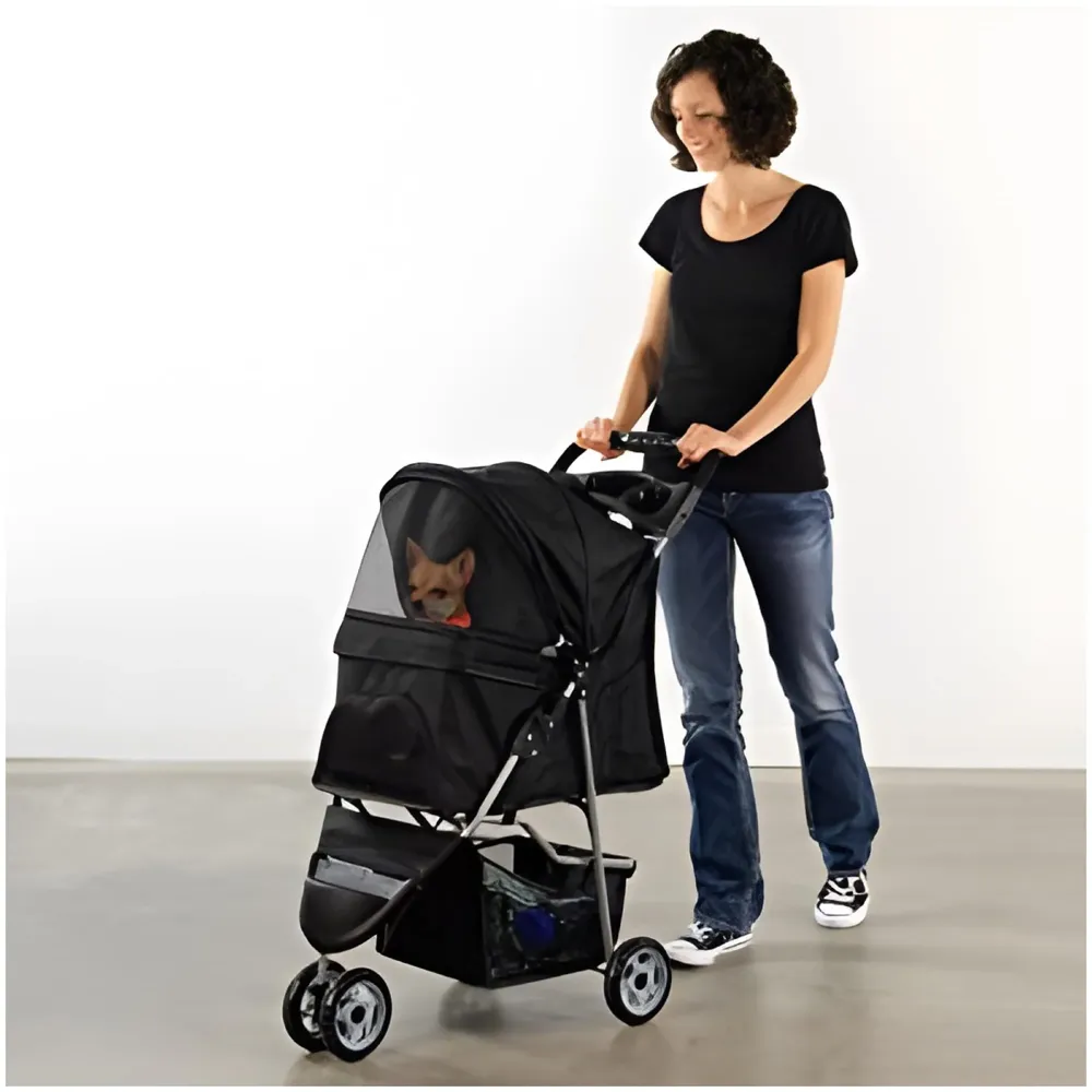 Pet Pram Stroller for Cats and Small Dogs Walks Folding Travel Carrier with Wheels, Black