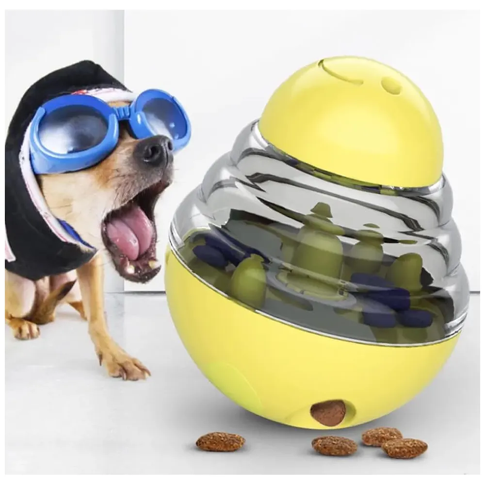 Dog Food Treat Dispenser Ball Toy, Interactive Puzzle Treat Ball, Slow Feeder Pet Food Tumbler Design IQ for Puppy, Cats, Dogs, and Pets Yellow Premium