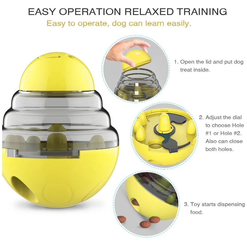 Dog Food Treat Dispenser Ball Toy, Interactive Puzzle Treat Ball, Slow Feeder Pet Food Tumbler Design IQ for Puppy, Cats, Dogs, and Pets Yellow Premium