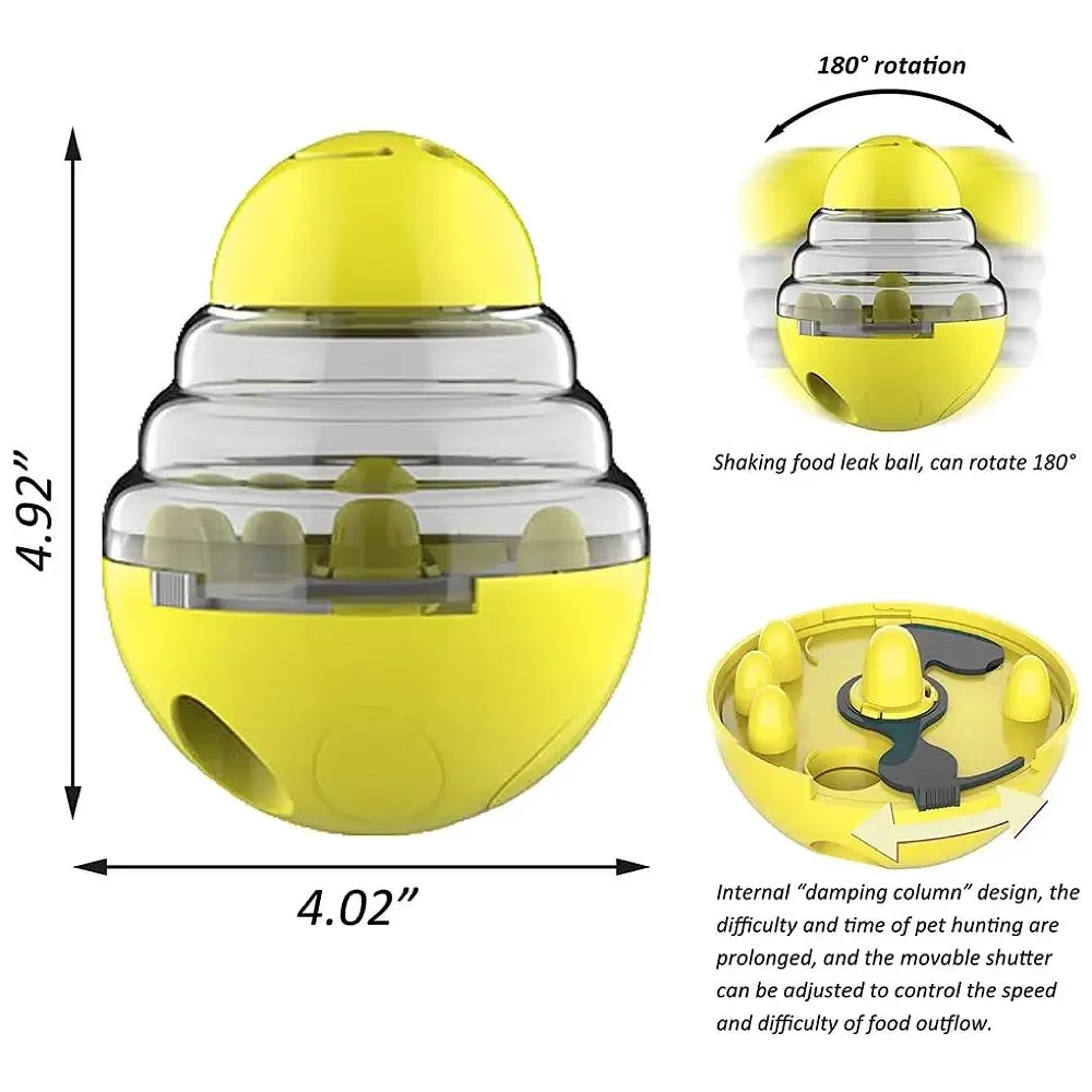 Dog Food Treat Dispenser Ball Toy, Interactive Puzzle Treat Ball, Slow Feeder Pet Food Tumbler Design IQ for Puppy, Cats, Dogs, and Pets Yellow Premium
