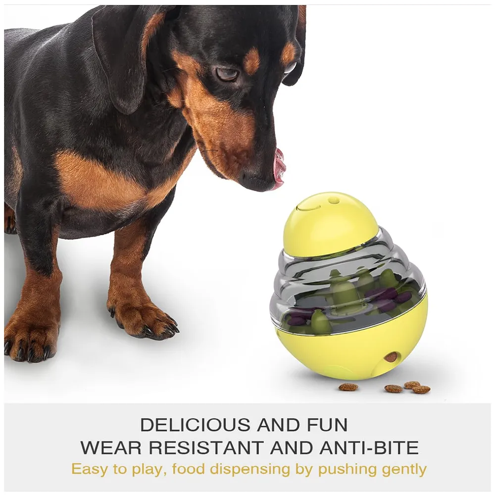 Dog Food Treat Dispenser Ball Toy, Interactive Puzzle Treat Ball, Slow Feeder Pet Food Tumbler Design IQ for Puppy, Cats, Dogs, and Pets Yellow Premium