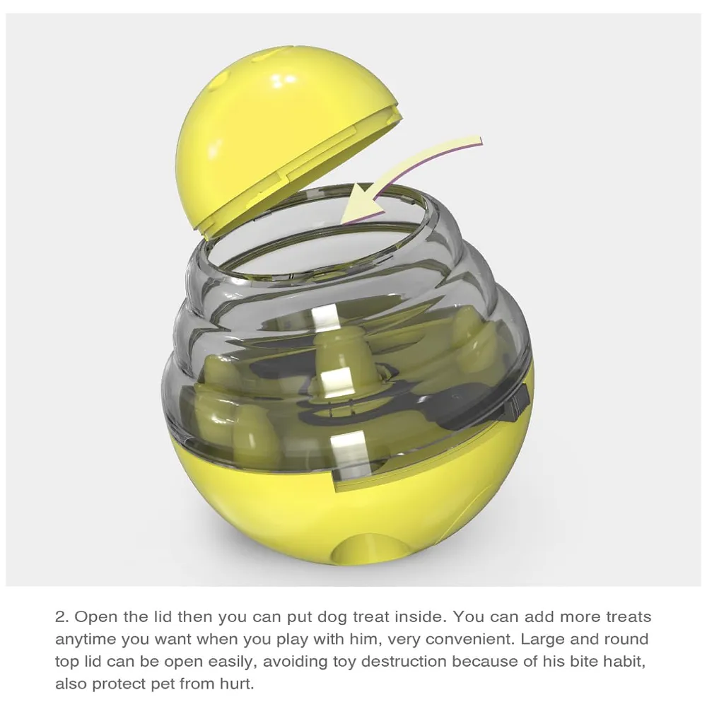 Dog Food Treat Dispenser Ball Toy, Interactive Puzzle Treat Ball, Slow Feeder Pet Food Tumbler Design IQ for Puppy, Cats, Dogs, and Pets Yellow Premium