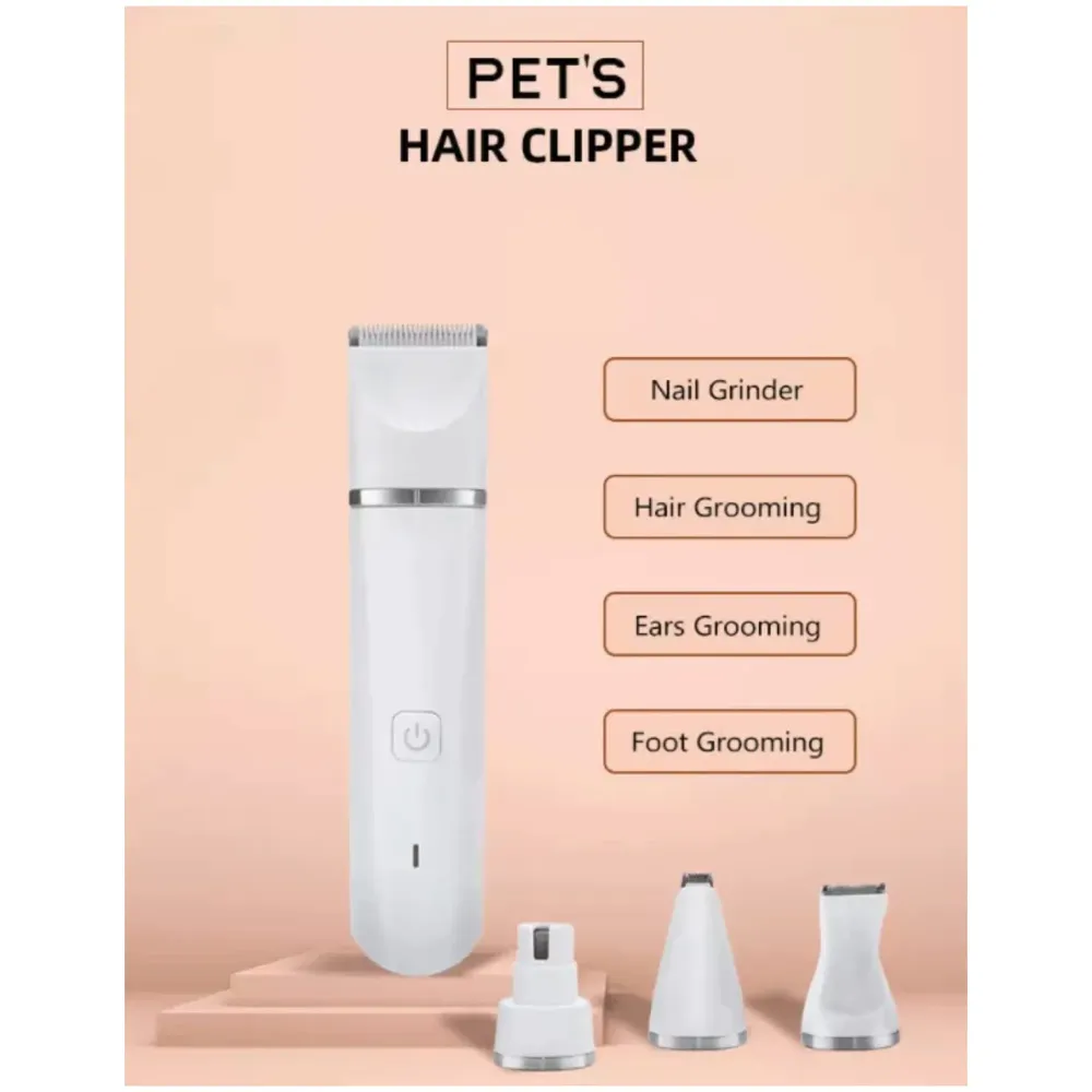 Unisex 4 in 1 Automatic Rechargeable Pet Hair Trimmer and Nail Grinder - Ear and Paw Trimmer for Dog and Cat - Cordless, Battery Powered