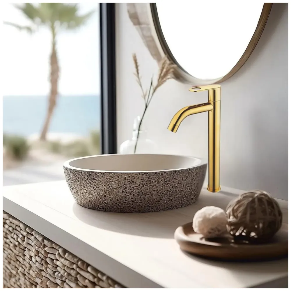 AQUAKART SS Extended Tall Body Pillar Cock 12'' Tap Gold Faucet Waterfall Single Lever, SS Material, Golden for Wash Basin Bathroom 12 Inches Height - 2