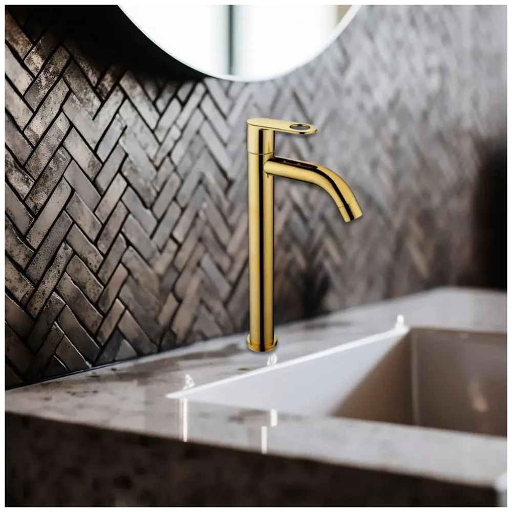 AQUAKART SS Extended Tall Body Pillar Cock 12'' Tap Gold Faucet Waterfall Single Lever, SS Material, Golden for Wash Basin Bathroom 12 Inches Height - 3
