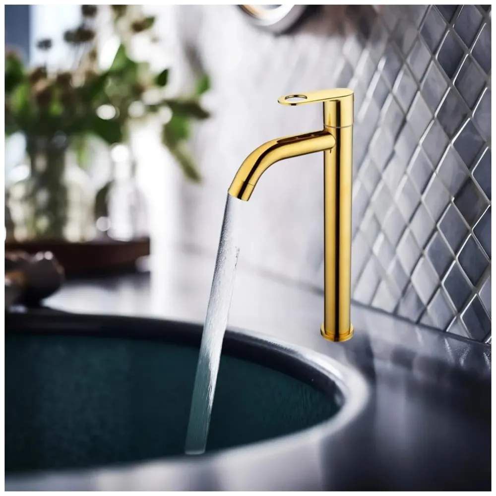 AQUAKART SS Extended Tall Body Pillar Cock 12'' Tap Gold Faucet Waterfall Single Lever, SS Material, Golden for Wash Basin Bathroom 12 Inches Height - 4