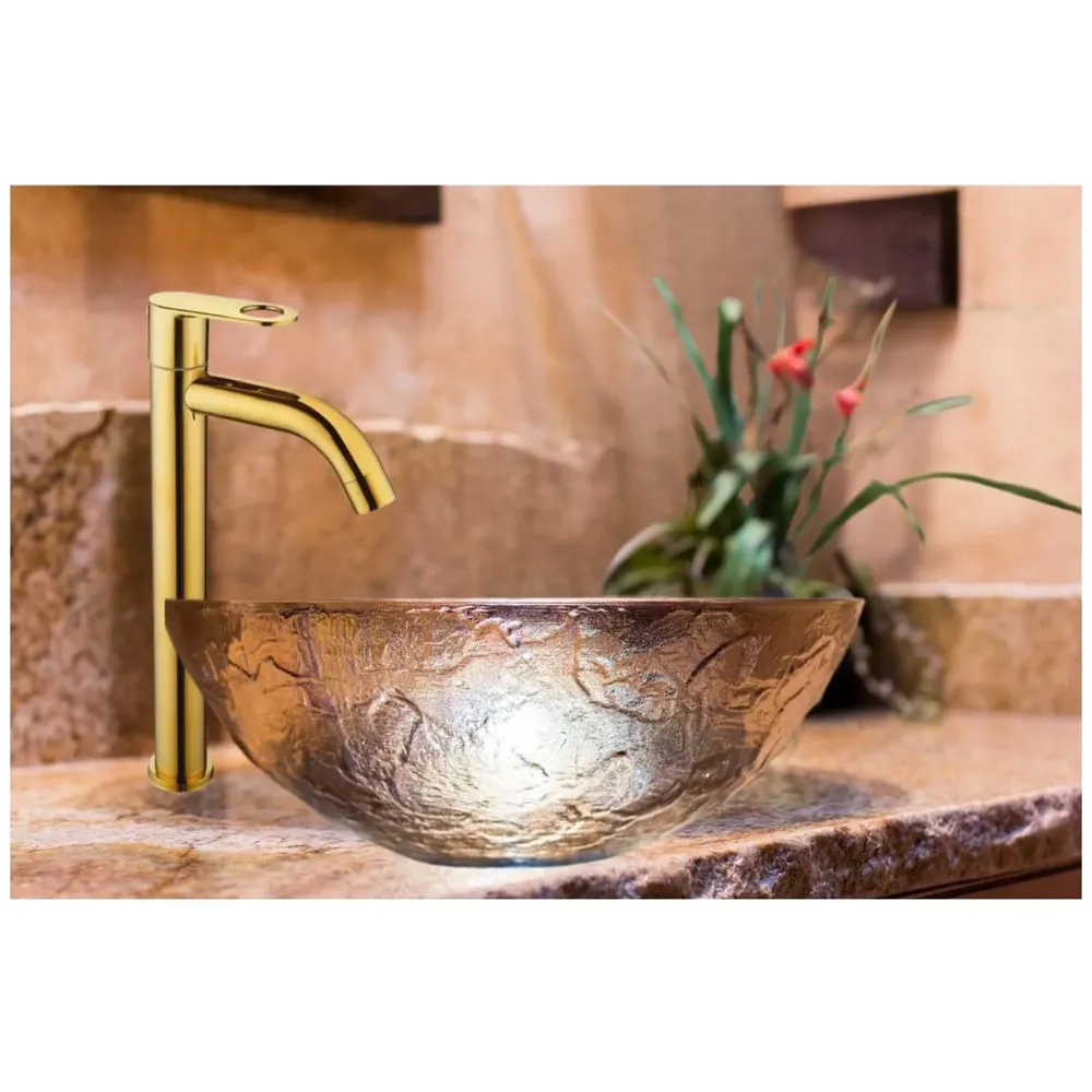 AQUAKART SS Extended Tall Body Pillar Cock 12'' Tap Gold Faucet Waterfall Single Lever, SS Material, Golden for Wash Basin Bathroom 12 Inches Height - 5
