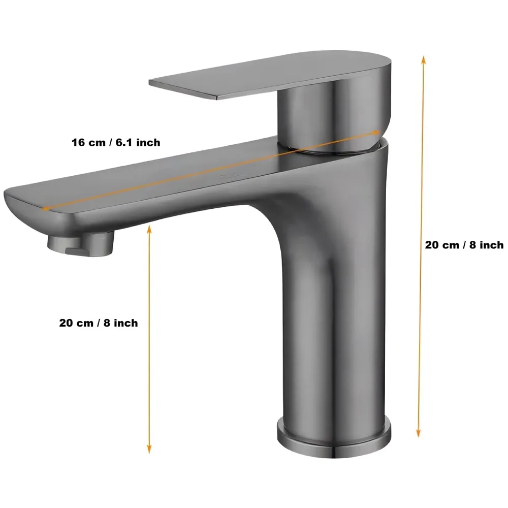 Dark Grey Faucet Pillar Cock Tap Single Knob, SS 304 Material, for Wash Basin Bathroom 8 Inches Height Cold Water Only - 20cm Height - 3