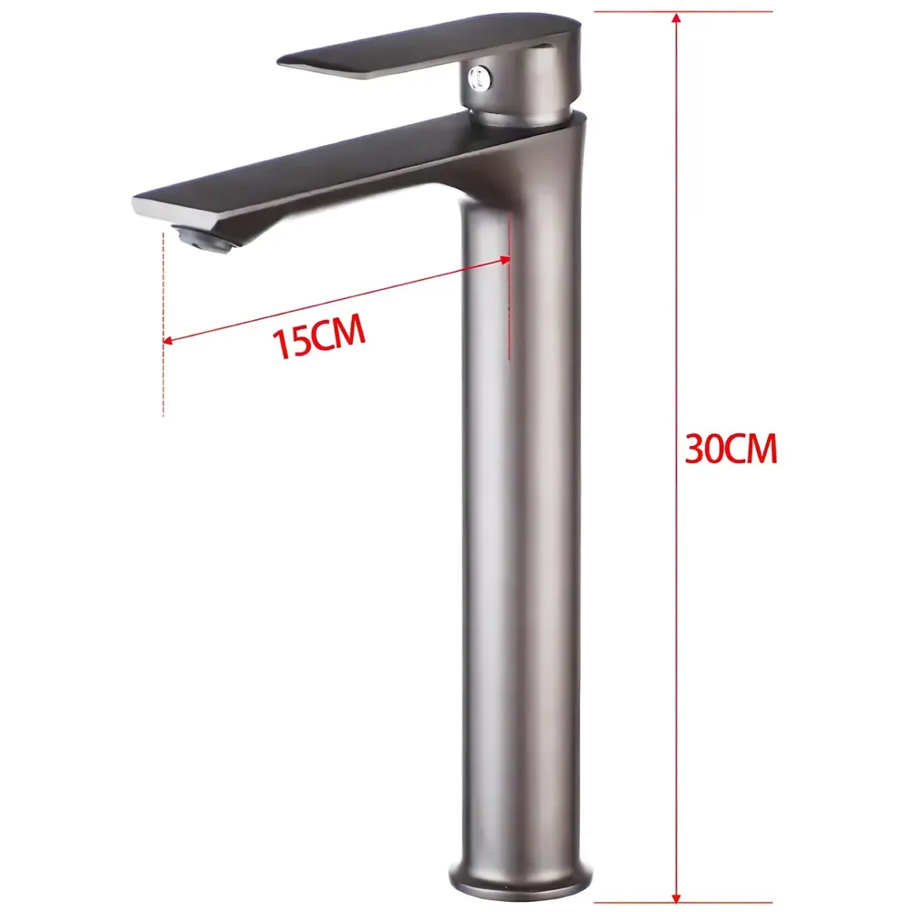 Dark Grey Faucet Tall Pillar Cock Tap Single Knob, SS 304 Material, for Wash Basin Bathroom 12 Inches Height Cold Water Only - 30cm Height