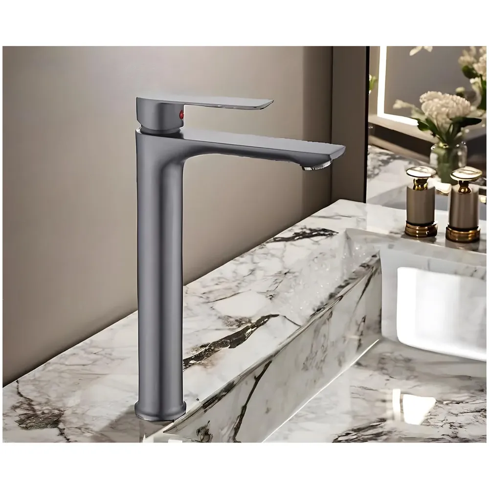 Dark Grey Faucet Tall Pillar Cock Tap Single Knob, SS 304 Material, for Wash Basin Bathroom 12 Inches Height Cold Water Only - 30cm Height