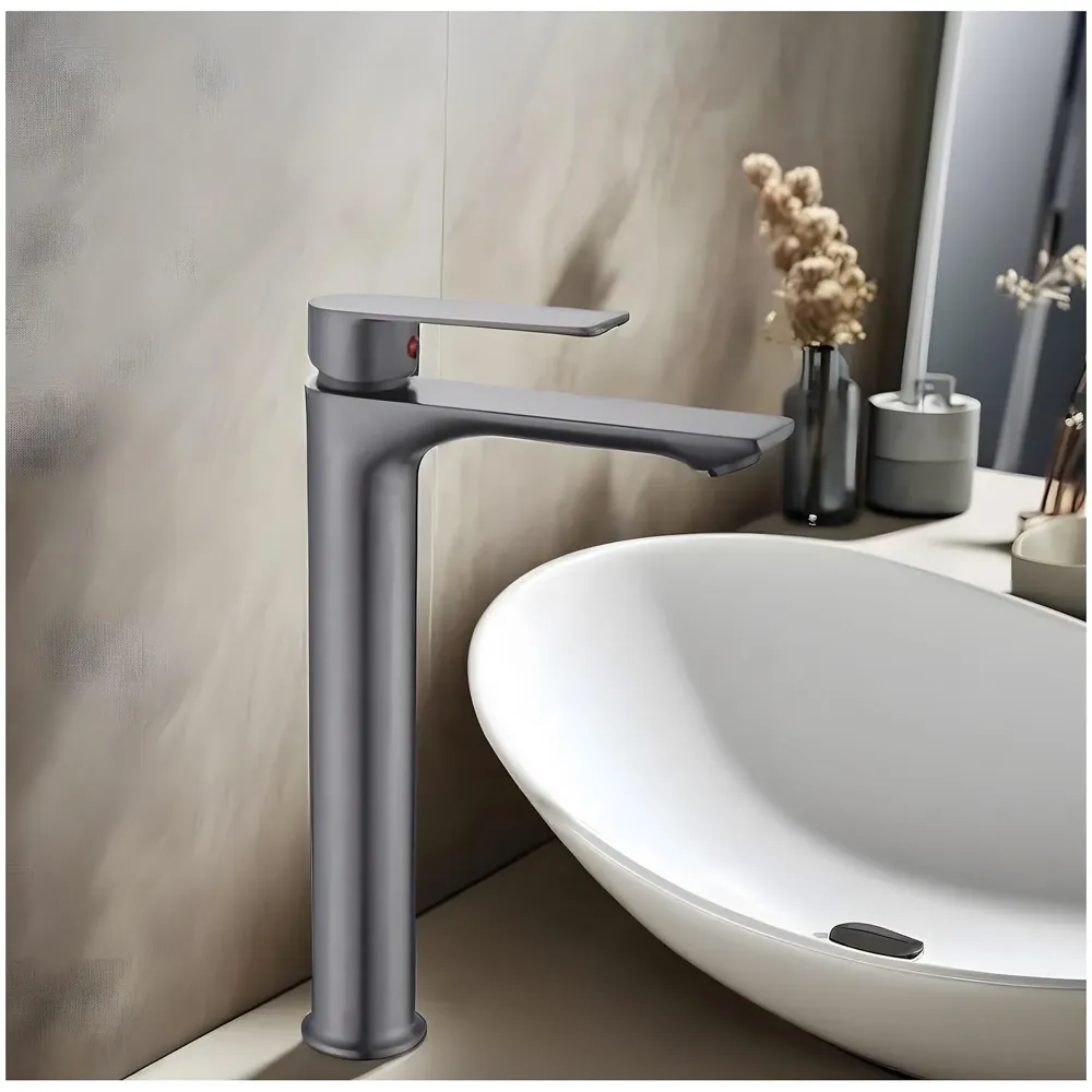 Dark Grey Faucet Tall Pillar Cock Tap Single Knob, SS 304 Material, for Wash Basin Bathroom 12 Inches Height Cold Water Only - 30cm Height