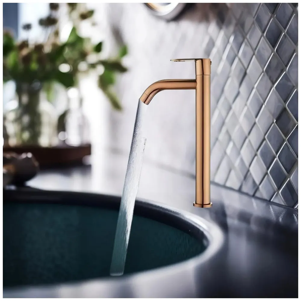 SS Extended Tall Body Pillar Cock 12'' Tap Rose Gold, Faucet, Waterfall, Single Lever, SS Material, Rosegold for Wash Basin, Bathroom 12 Inches Height