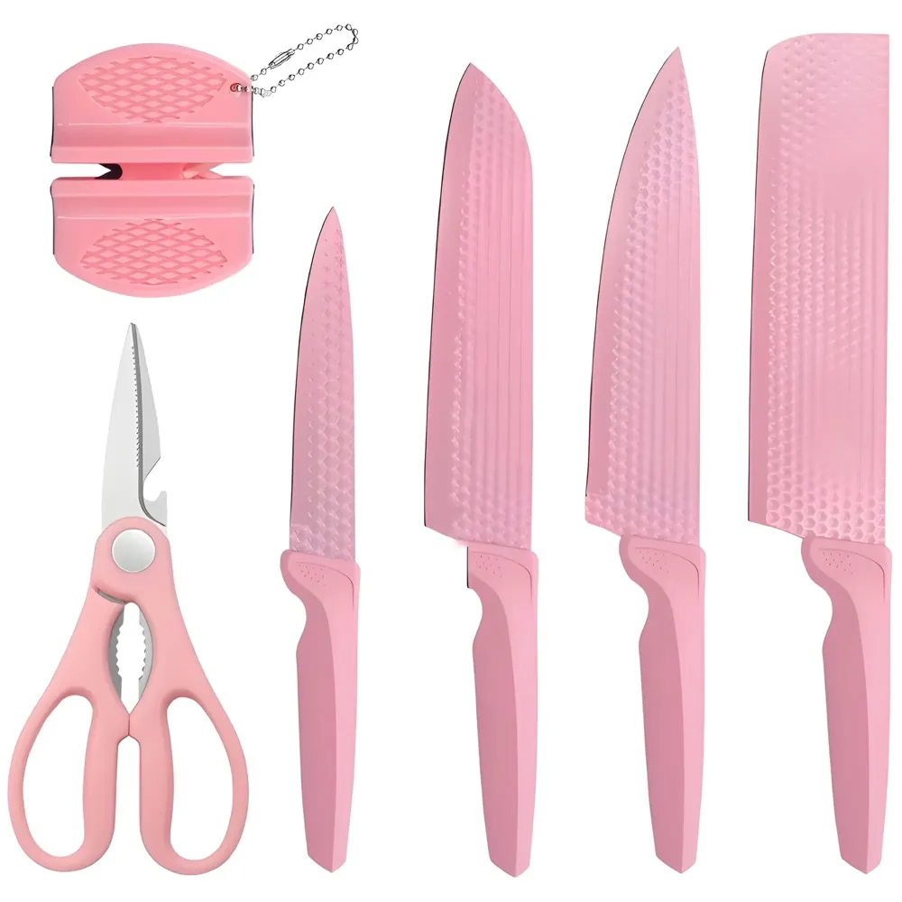 6 Pcs Knife Set Pink Knife with Groove Pattern Chef Knife High Carbon Stainless Steel Laser Knives Kitchen with Box