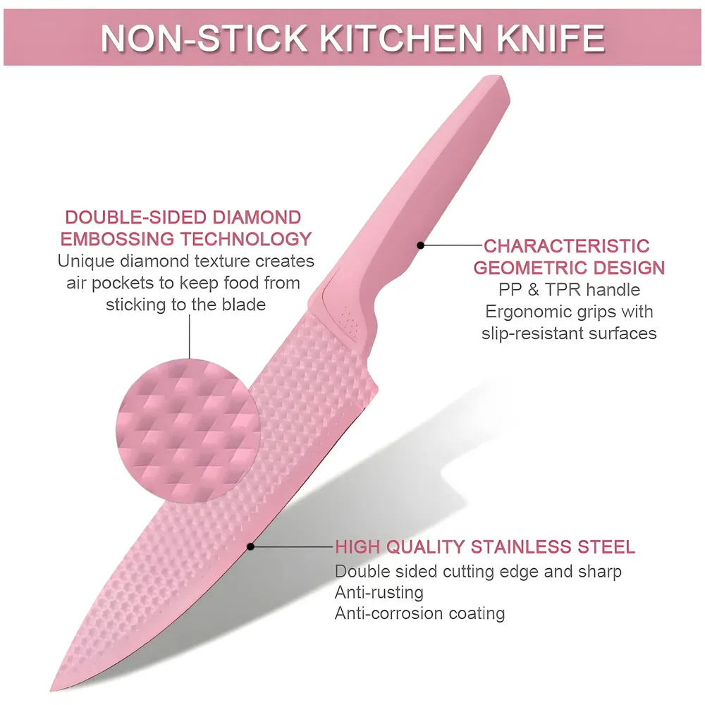 6 Pcs Knife Set Pink Knife with Groove Pattern Chef Knife High Carbon Stainless Steel Laser Knives Kitchen with Box