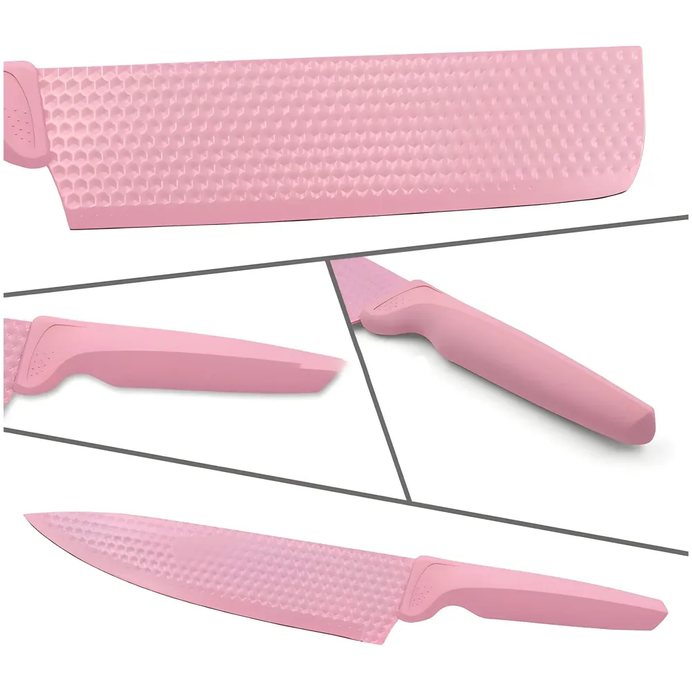 6 Pcs Knife Set Pink Knife with Groove Pattern Chef Knife High Carbon Stainless Steel Laser Knives Kitchen with Box