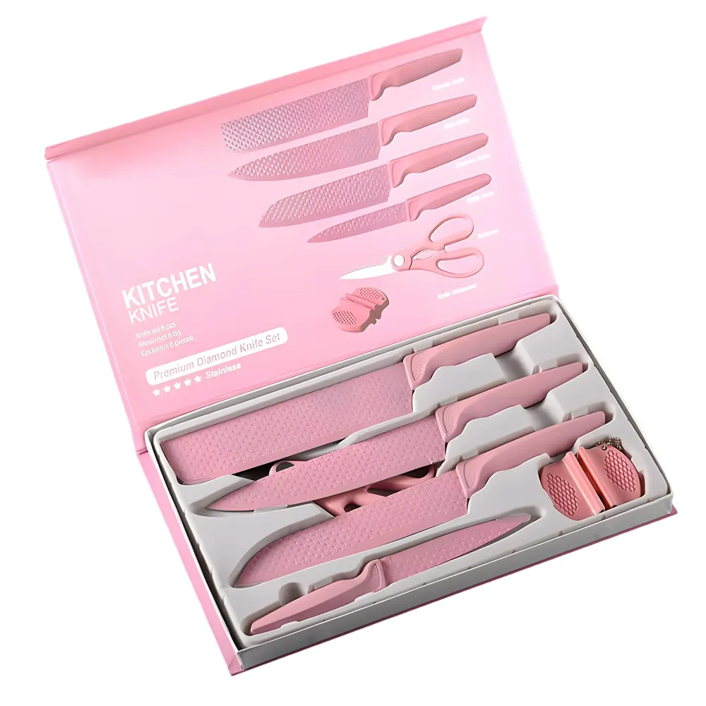 6 Pcs Knife Set Pink Knife with Groove Pattern Chef Knife High Carbon Stainless Steel Laser Knives Kitchen with Box