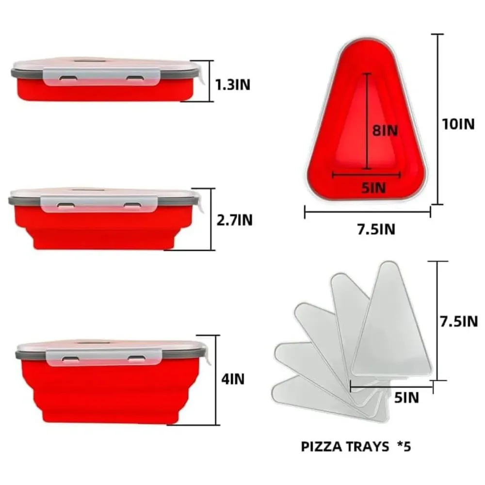 Pizza storage container, silicone pizza storage container collapsible includes 5 trays, adjustable pizza caddy to save space in the fridge and containers for the rest of the pizza slices.