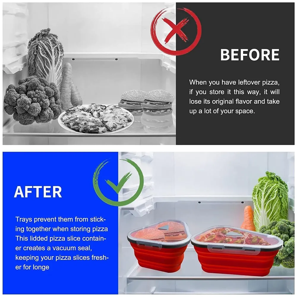 Pizza storage container, silicone pizza storage container collapsible includes 5 trays, adjustable pizza caddy to save space in the fridge and containers for the rest of the pizza slices.