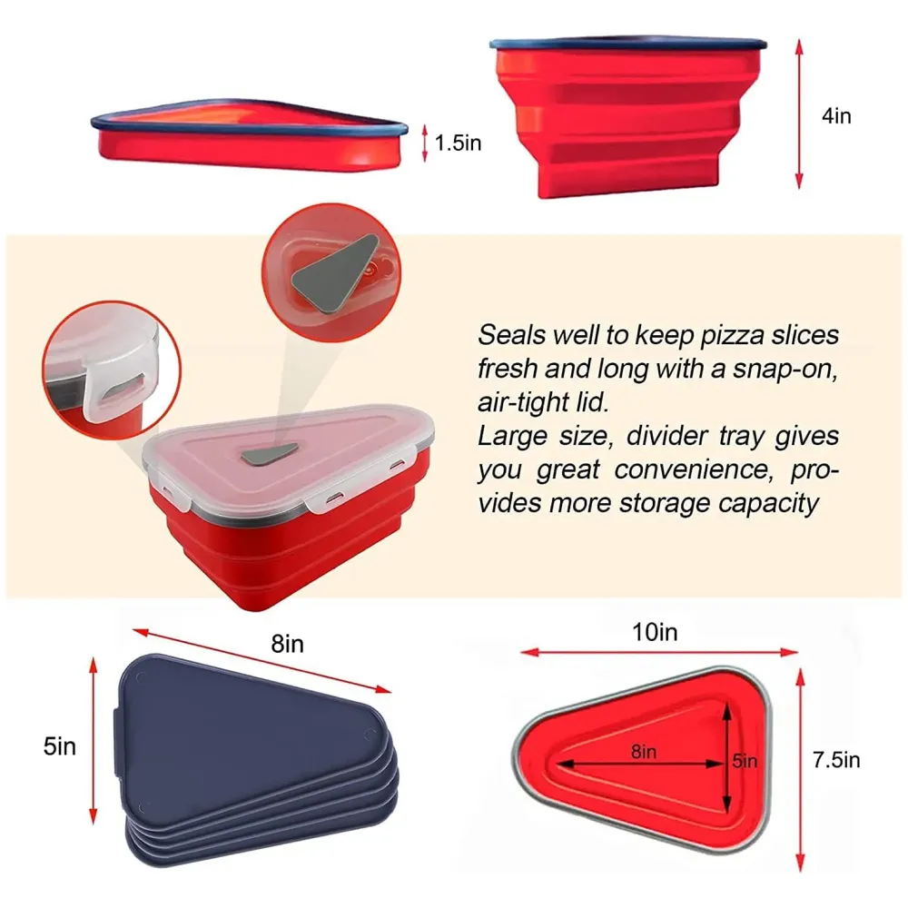 Pizza storage container, silicone pizza storage container collapsible includes 5 trays, adjustable pizza caddy to save space in the fridge and containers for the rest of the pizza slices.