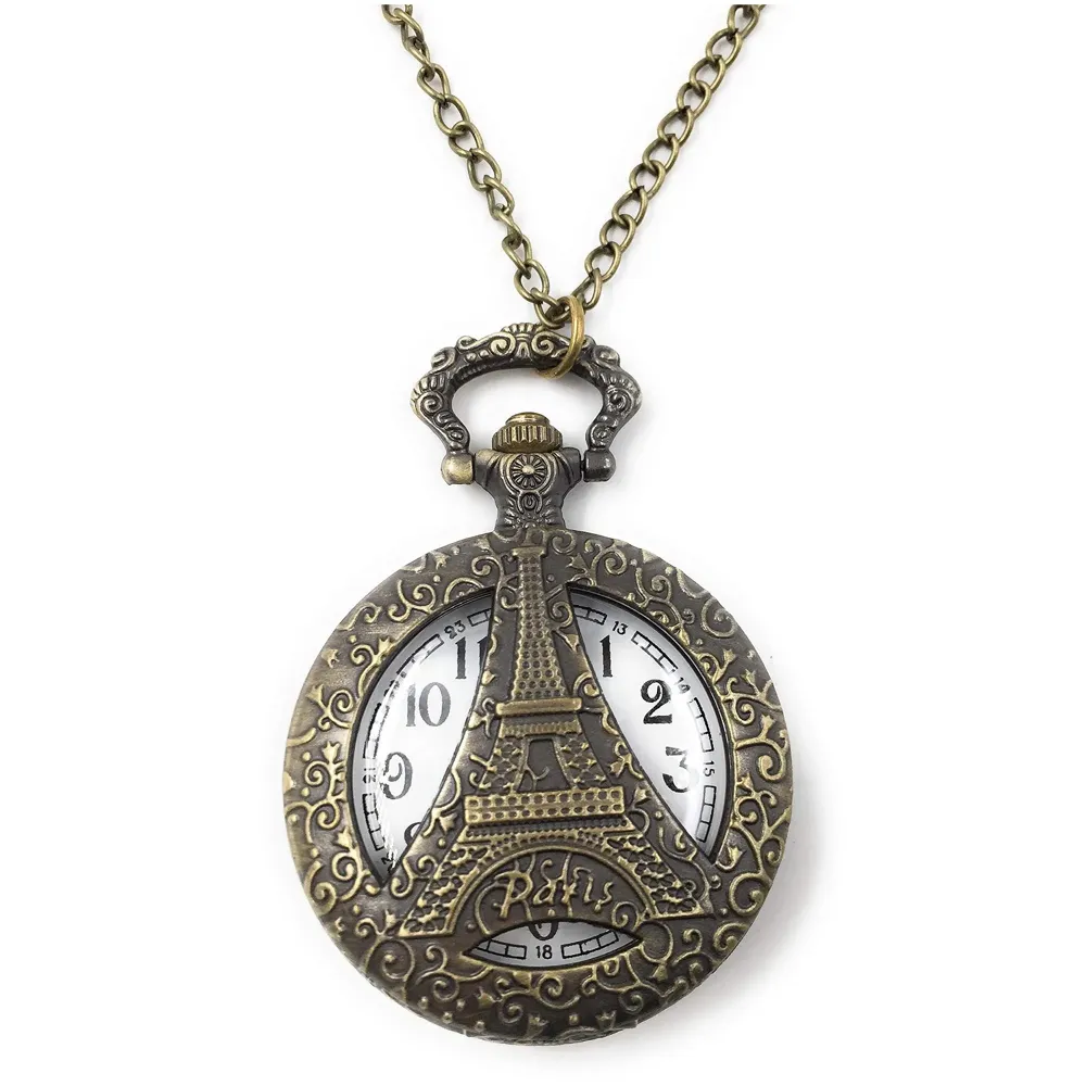 Bronze Classic Vintage Retro Antique Skeleton Hollow Eiffel Tower Chain Pocket Watch 4.5 cms Diameter