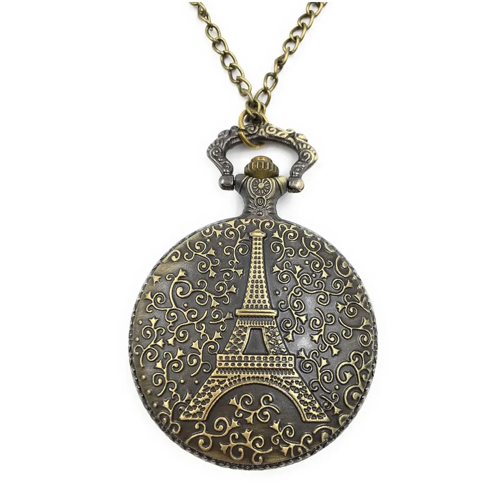 Bronze Classic Vintage Retro Antique Skeleton Hollow Eiffel Tower Chain Pocket Watch 4.5 cms Diameter