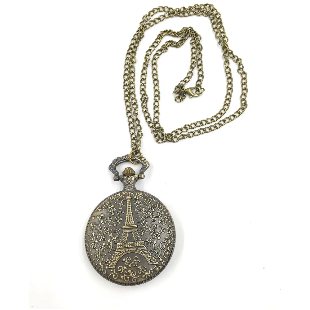 Bronze Classic Vintage Retro Antique Skeleton Hollow Eiffel Tower Chain Pocket Watch 4.5 cms Diameter