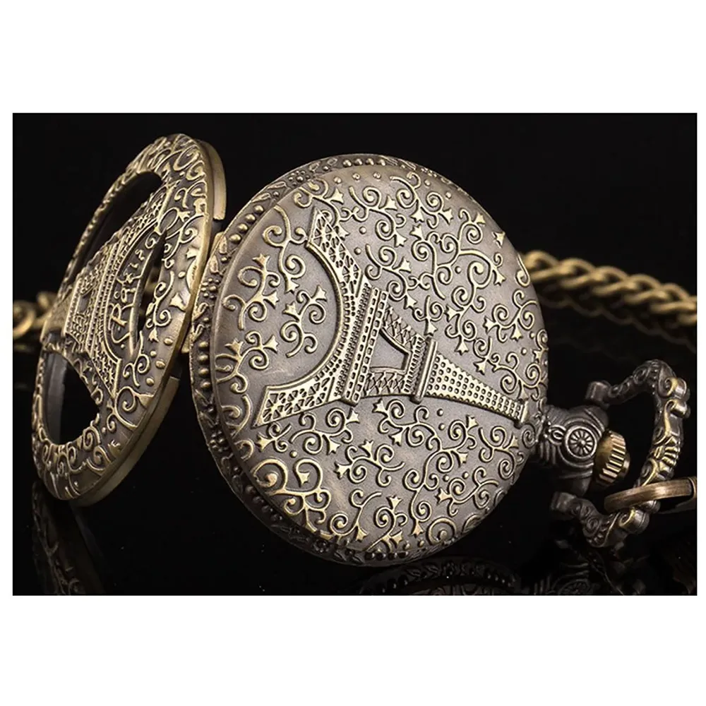 Bronze Classic Vintage Retro Antique Skeleton Hollow Eiffel Tower Chain Pocket Watch 4.5 cms Diameter