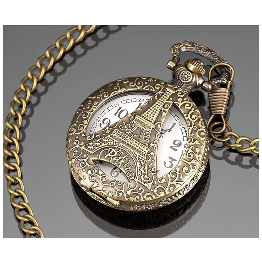 Bronze Classic Vintage Retro Antique Skeleton Hollow Eiffel Tower Chain Pocket Watch 4.5 cms Diameter